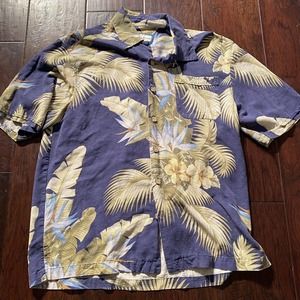 Seven Palm Men's 100% Silk Blue Floral Hawaiian Shirt M Island Authentic Flowers